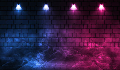 Empty scene background. Brick wall with multicolored neon lights and smoke. Neon shapes on a dark background. Dark abstract background