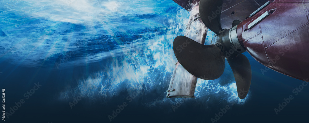 Propeller and rudder of big ship underway view from underwater. Close up image detail of ship. Matte toned. - obrazy, fototapety, plakaty 