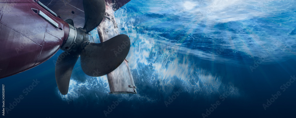 Propeller and rudder of big ship underway view from underwater. Close up image detail of ship. - obrazy, fototapety, plakaty 