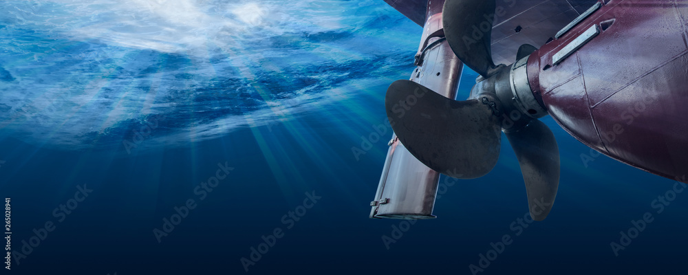 Propeller and rudder of big ship underway view from underwater. Close up image detail of ship. - obrazy, fototapety, plakaty 