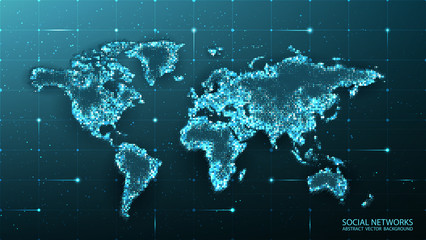 Poster - Map of the planet. World map. Global social network. Future. Vector. Blue futuristic background with planet Earth. Internet and technology. Modern science. Floating blue plexus geometric background. 