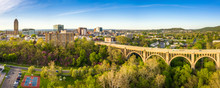 Aerial Panorama Of Allentown, Pennsylvania Skyline And Albertus L. Meyers Bridge (aka Eighth Street Bridge) On Late Sunny Afternoon . Allentown Is Pennsylvania's Third Most Populous City.