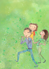 Canvas Print - Happy family on the meadow. Watercolor children illustration