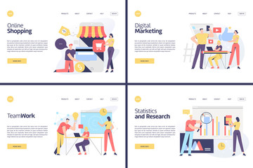 business related online shopping and marketing theme vector illustration set concept for both mobile