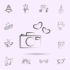 Poster - Camera with hearts icon. Universal set of wedding for website design and development, app development