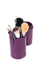 Bunch of make-up brushes - Cosmetics and beauty. Make-up brushes set in row on white  background