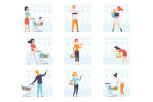 People Choosing Products, Pushing Carts At Grocery Store Set, Man And Woman Shopping At Supermarket Vector Illustration On A White Background