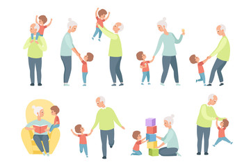 Wall Mural - Grandpa and grandma playing, walking and having fun with their grandson set vector Illustrations on a white background