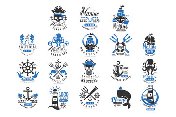 Sticker - Nautical logo original design set, retro badges for nautical school, sport club, business identity, print products vector Illustration on a white background