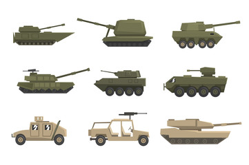 Armored army vehicles set, military heavy, special transport vector Illustrations on a white background