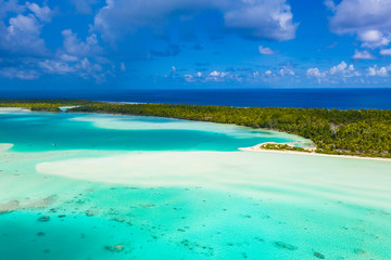 Wall Mural - french polynesia tahiti aerial drone view of fakarava atoll and famous blue lagoon and motu island w