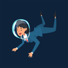 Sticker - Smiling Businesswoman in Suit and Astronaut Helmet Flying in Outer Space, Business Development Strategy, Leadership Vector Illustration