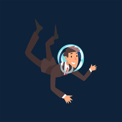 Canvas Print - Smiling Businessman in Suit and Astronaut Helmet Flying in Dark Sky, Business Development Strategy, Leadership Vector Illustration