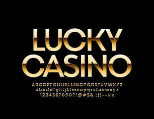 Vector elegant banner Lucky Casino with Golden Font. Set of chic Alphabet Letters, Numbers and Symbols