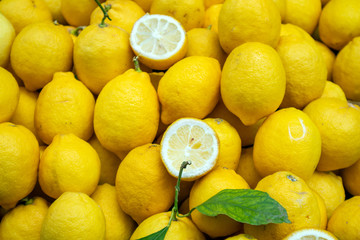 Canvas Print - Whole lemons and cut background, texture. Closeup view