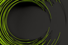 Digital Black Background Of Many Green Circles Rod Rotated At Random Angle And Forming A Frame Around An Empty Space 3D Illustration