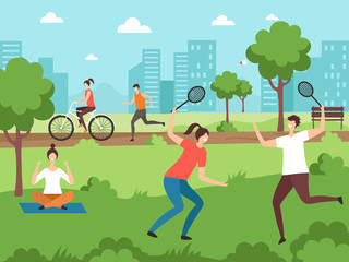 Wall Mural - Outdoor sport activities. Fitness people making some exercises in park outdoor vector couples. Illustration of park fitness, people exercise outdoor