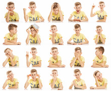 Set Of Emotional Pictures Of A Teenager Boy  In A Yellow T-shirt, Collage. Close-up, White Background.