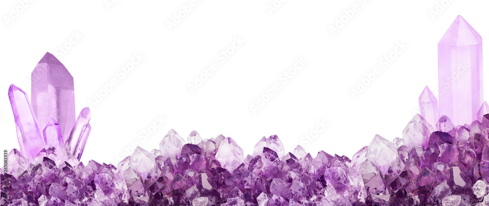isolated small and large amethyst crystals strip - obrazy, fototapety, plakaty 