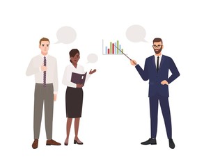 Poster - Bearded man in office suit making presentation in front of colleagues. Business meeting. Managers taking part in professional discussion, conversation or dialog. Flat cartoon vector illustration.