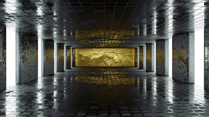 Poster - Dark tiles blank room and golden wall  interior glossy and lighting backdrop, 3d rendering.