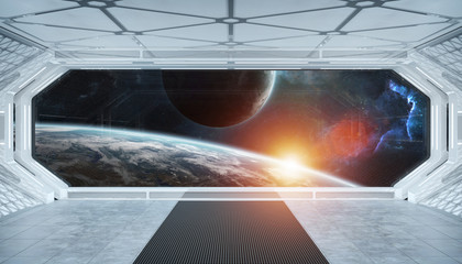 Wall Mural - White blue spaceship futuristic interior with window view on space and planets 3d rendering