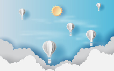 Wall Mural - 3d illustration of cloudscape view scenery with hot air white balloons float up in the blue sky sunl