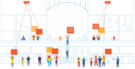 Poster - retail store visitors identification facial recognition concept modern shopping mall interior security camera surveillance cctv system horizontal sketch doodle full length