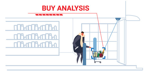 Poster - man customer pushing trolley cart security camera analyzing groceries surveillance cctv system buy analysis concept modern grocery store interior horizontal sketch doodle full length