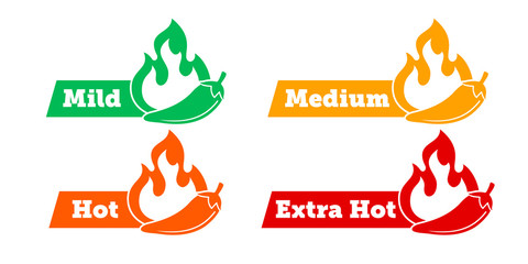 Spicy chili hot pepper level labels. Vector spicy food green mild, medium and red extra hot, jalapeno pepper fire flame, sauce package icons