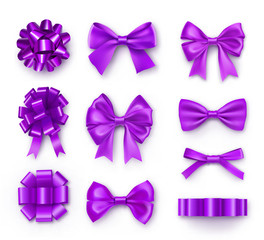 Wall Mural - Purple gift bows with ribbons. Realistic decoration for holidays presents and cards. Elegant object from silk vector illustration. Valentines or birthday decor isolated on white background