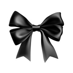 Wall Mural - Decorative black bow with ribbon. Elegant silk accessory for female penitentials. Mourning design element isolated on white background. Realistic elegant object from silk vector illustration.