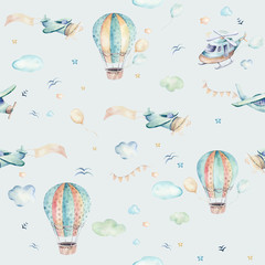  Watercolor set background illustration of a cute cartoon and fancy sky scene complete with airplanes, helicopters, plane and balloons, clouds. Boy seamless pattern. It's a baby shower design