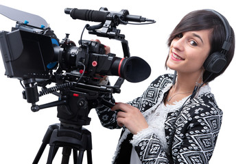 Wall Mural - young woman with professional video camera, dslr, on white