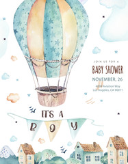 watercolor set background illustration of a cute cartoon and fancy sky scene complete with airplanes