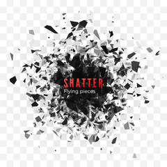 Poster - Shatter and destruction effect. Abstract cloud of pieces and fragments after explosion. Vector illustration isolated on transparent background