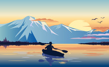 Kayaking In The Mountain Lake At Sunset