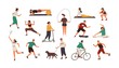 Set of funny people performing sports activities, fitness workout or playing games. Bundle of training or exercising men and women isolated on white background. Flat cartoon vector illustration.