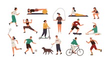 Set Of Funny People Performing Sports Activities, Fitness Workout Or Playing Games. Bundle Of Training Or Exercising Men And Women Isolated On White Background. Flat Cartoon Vector Illustration.