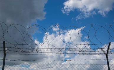 Barbed wire fence silhouette against cloudy sky