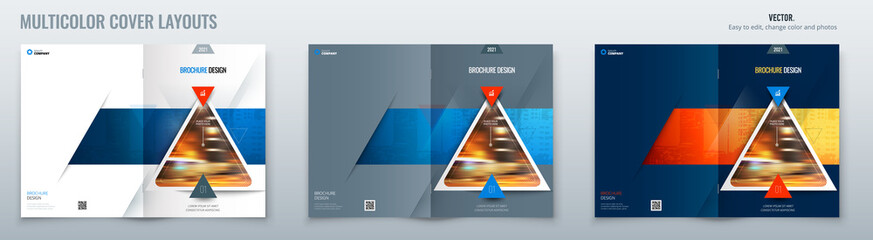 Wall Mural - Brochure template layout design with triangles. Corporate business annual report, catalog, magazine, flyer mockup. Creative modern bright concept triangle shape