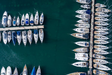 Canvas Print - Aerial View of Yacht Club and Marina. White Boats and Yachts. Photo made by drone from above.