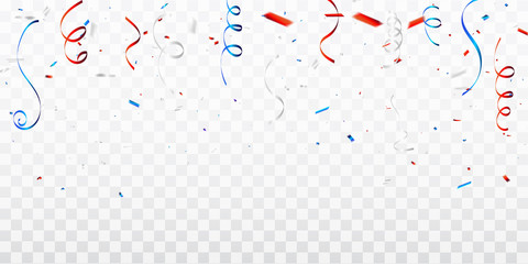 Celebration background template with confetti and red and blue ribbons. 4th of July American Happy Independence Day design concept with scatter papers,