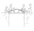 Cartoon stick figure drawing conceptual illustration of group of builders or workers or businessmen working and building a bridge over the chasm or precipice. Concept of teamwork and problem solution.