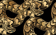 Seamless Pattern With Snakes. Gold Foil Print On Black Background.