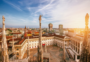 Milan, Italy panorama. View from Milan Cathedral at sunset