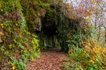 Mountain trail leads to a rock  tunnel in the Irish Mountains