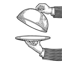 Wall Mural - Dish plate with cloche and invisible food sketch engraving vector illustration. Scratch board style imitation. Black and white hand drawn image.