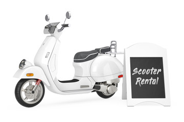 Poster - Outdoor Blackboard Bike Rental Display near White Classic Vintage Retro or Electric Scooter. 3d Rendering