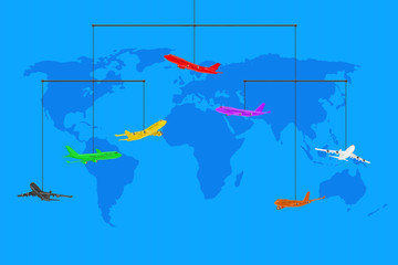 Poster - Set of Colorful Jet Passenger's Airplanes Rope Hanging. 3d Rendering